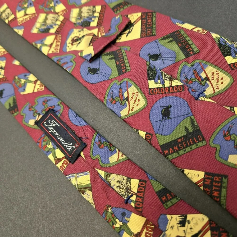 Vintage Façonnable Colorado Ski Theme Handmade Silk Tie 58 X 3.75 Made In France - Picture 5 of 7